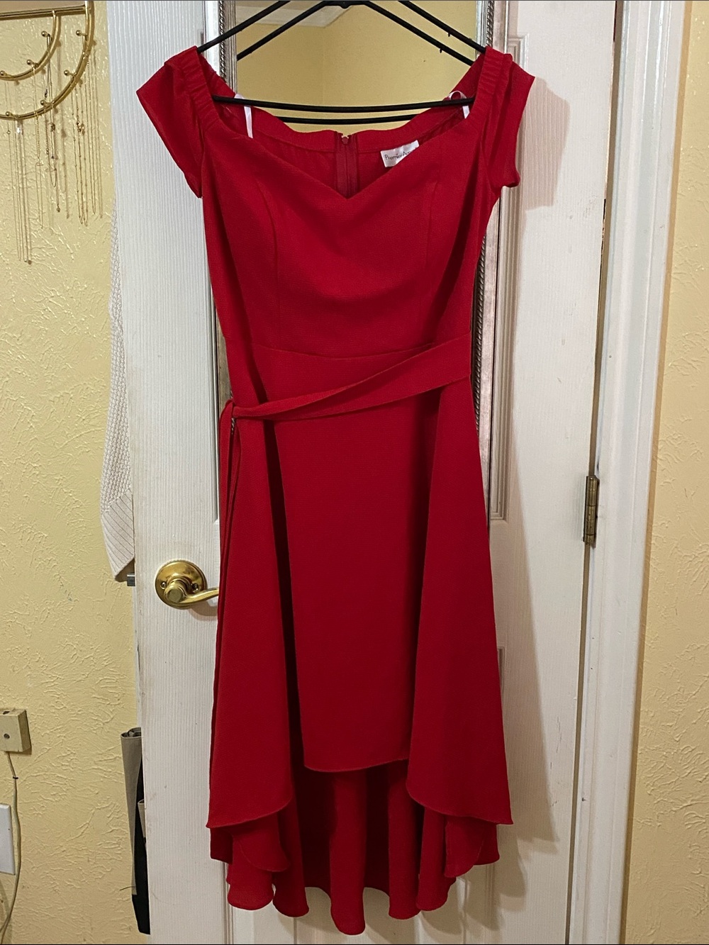 Premier Red Off-Shoulder High-Low Dress with Waist Tie